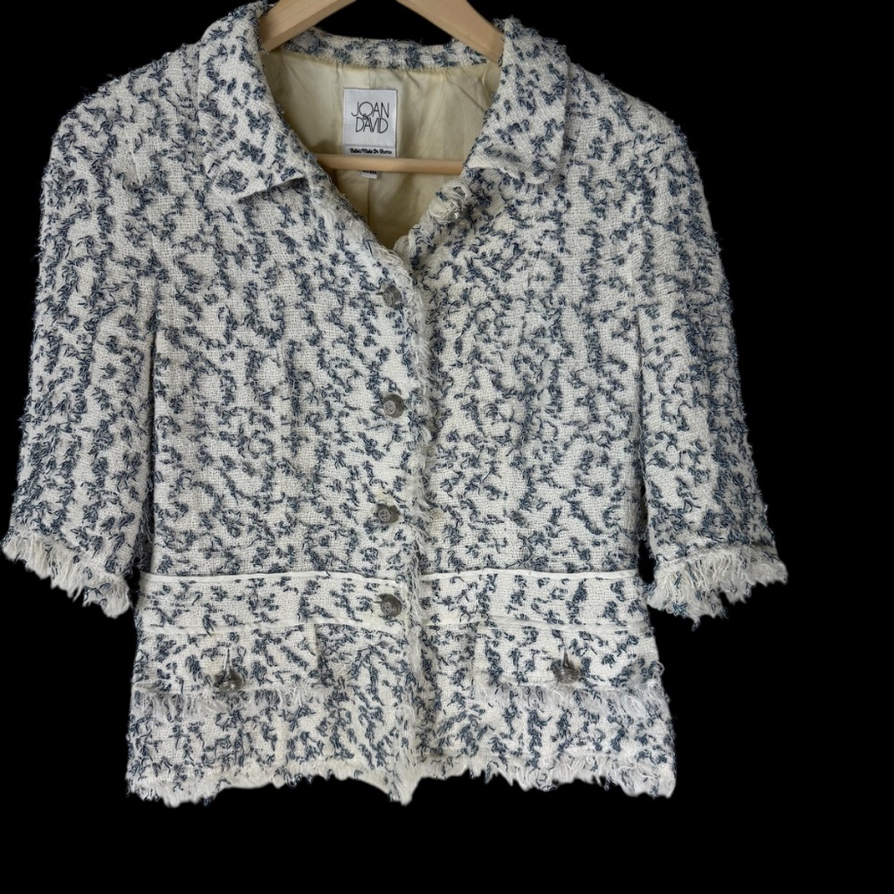 Joan & David White/Navy Interwoven Raw Hemline 3/4 Sleeve Jacket Sz 40/US 10